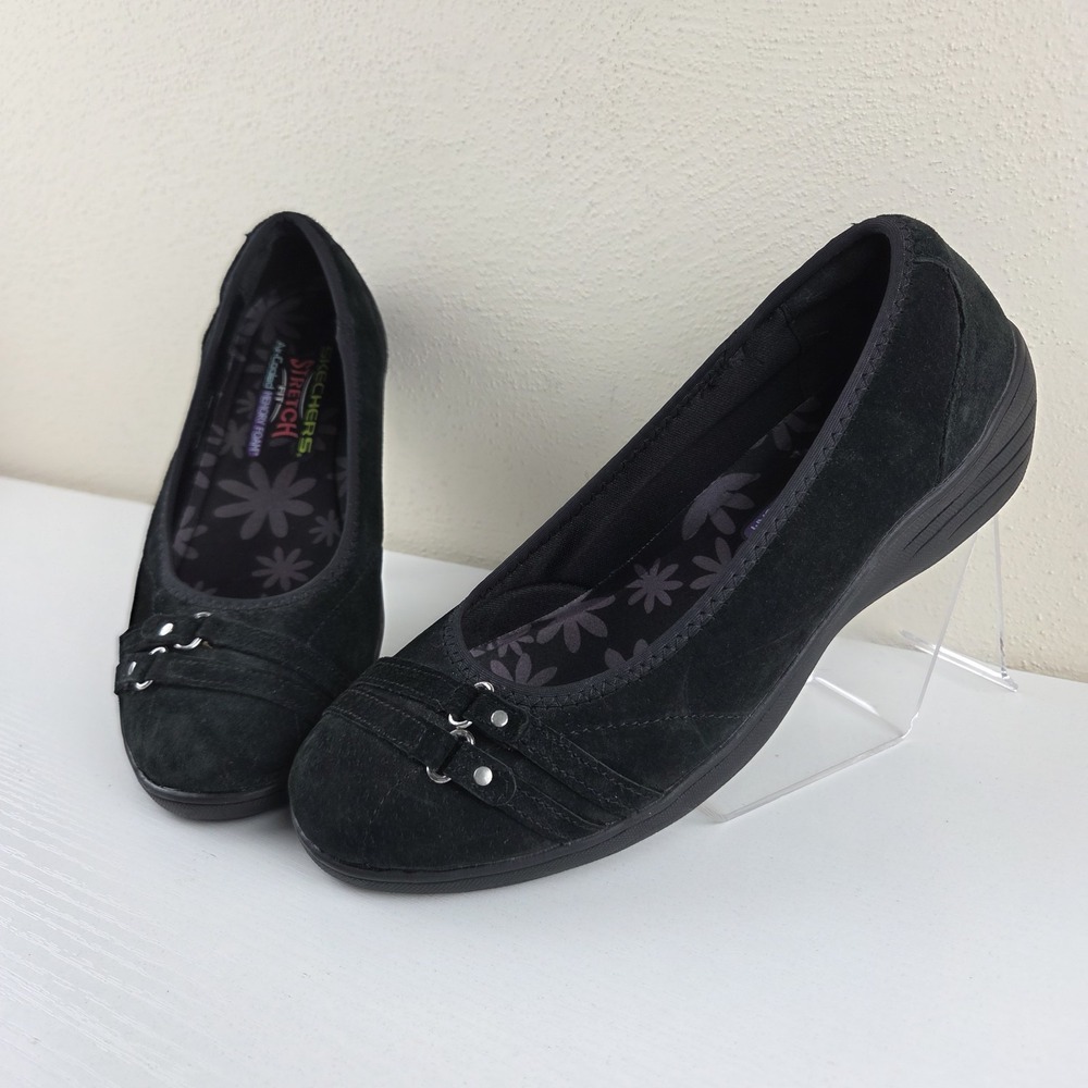 Skechers Kiss Happy Moment Black Suede Leather Comfort Flats Stretch Womens Sz 9